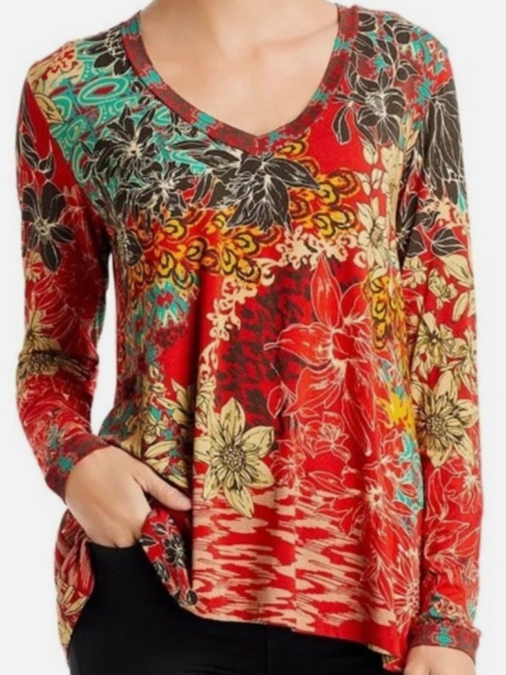 Johnny Was Ikat Patch Favorite XS V-Neck Swing Tee Floral Colorful Boho Top